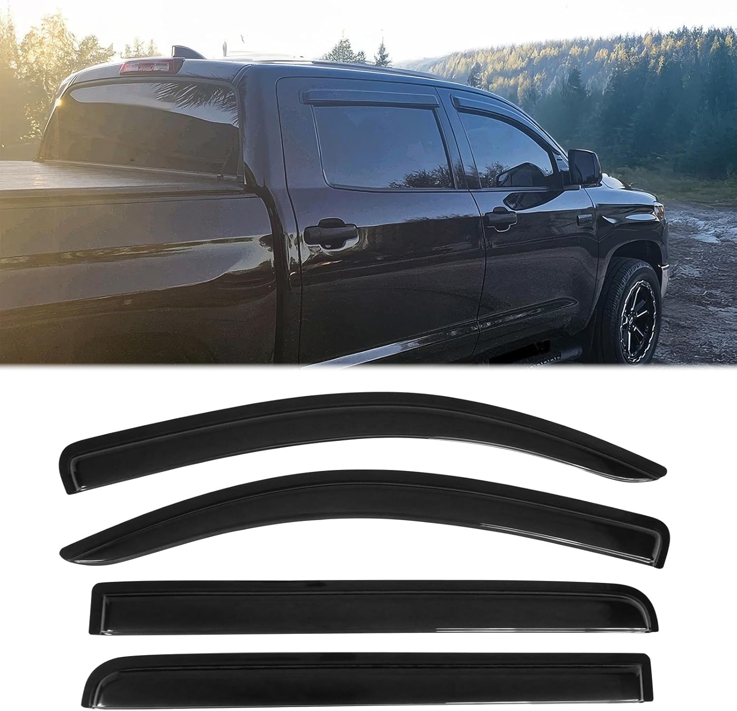 FREEMOTOR802 Tape-on Side Window Visors Wind Deflectors Rain Guards Vent Visors, Compatible with 2007-2021 Toyota Tundra CrewMax, Slim Style Smoke Tinted Acrylic 4 Pieces