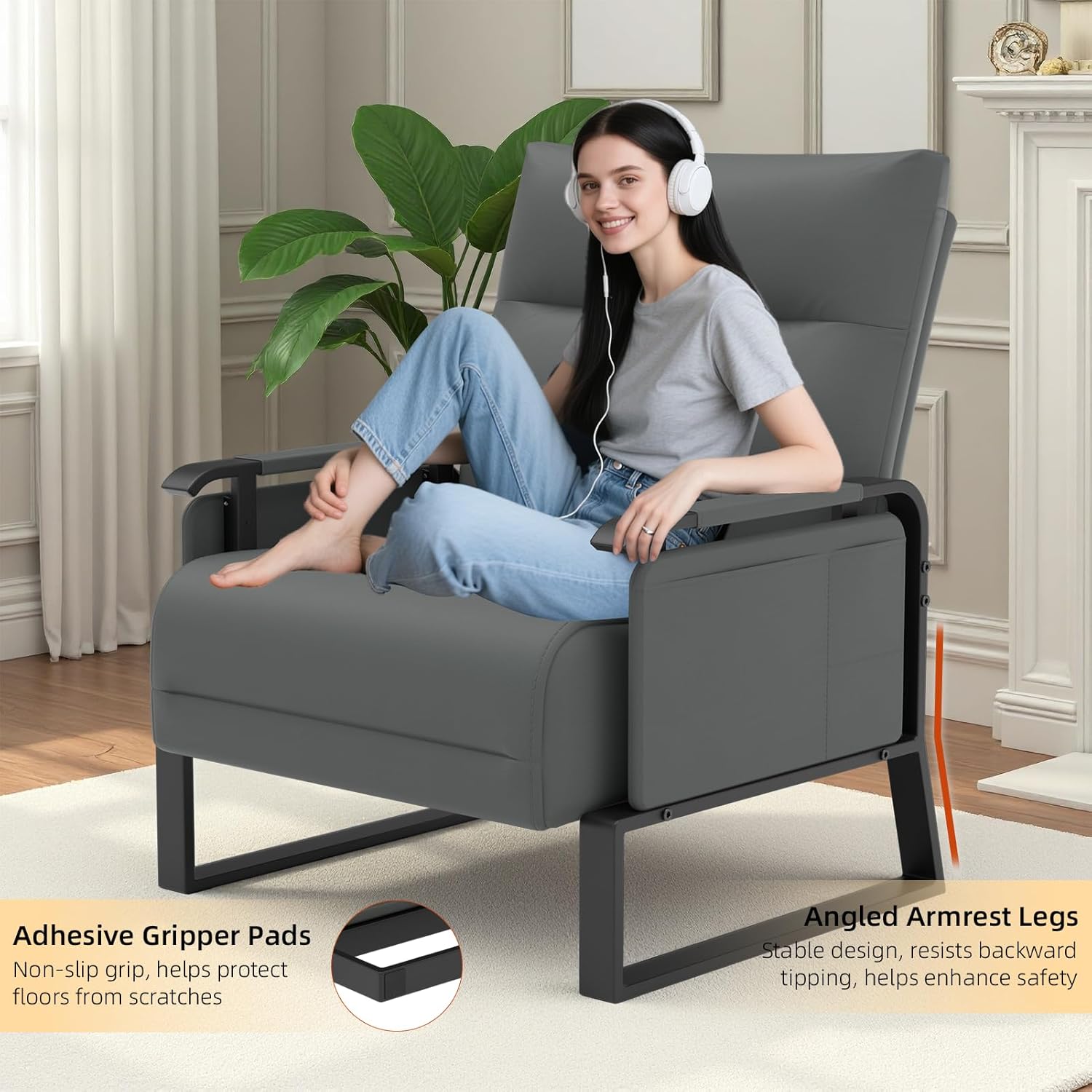 Faux Leather Accent Chair with Flip Up Tray Table Soft Backrest Side Pocket for Living Room Office Bedroom Leather Accent Chair, Gray