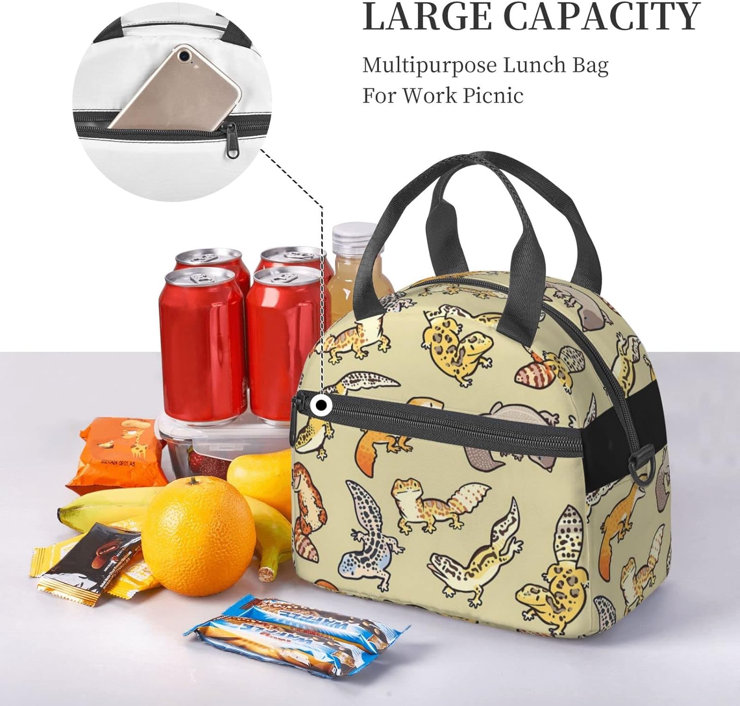 Bagea-Ka Cartoon Cute Leopard Gecko Pattern Lunch Bag for Women Men Insulated Reusable Lunch Box Cooler Tote Bag with Removable Shoulder Strap for Office Work School Picnic Beach