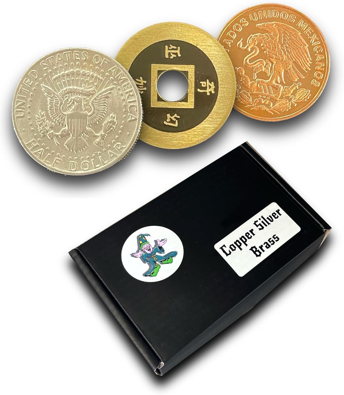 Ted's Sterling Magic Copper Silver Brass Trick with United States Half Dollar, Chinese Coin and Mexican Centavo