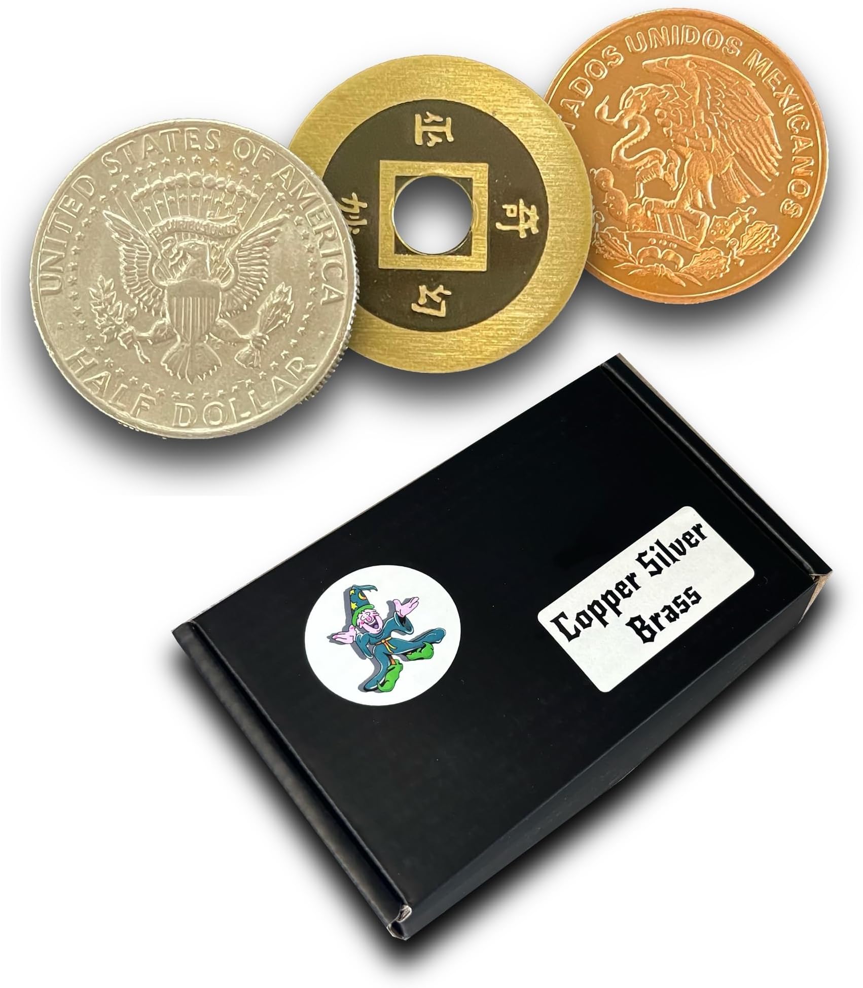 Copper Silver Brass Trick with United States Half Dollar, Chinese Coin and Mexican Centavo