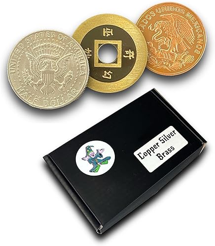 Ted's Sterling Magic Truco de cobre y plata de latón con medio dólar de Estados Unidos, moneda china y centavo mexicano