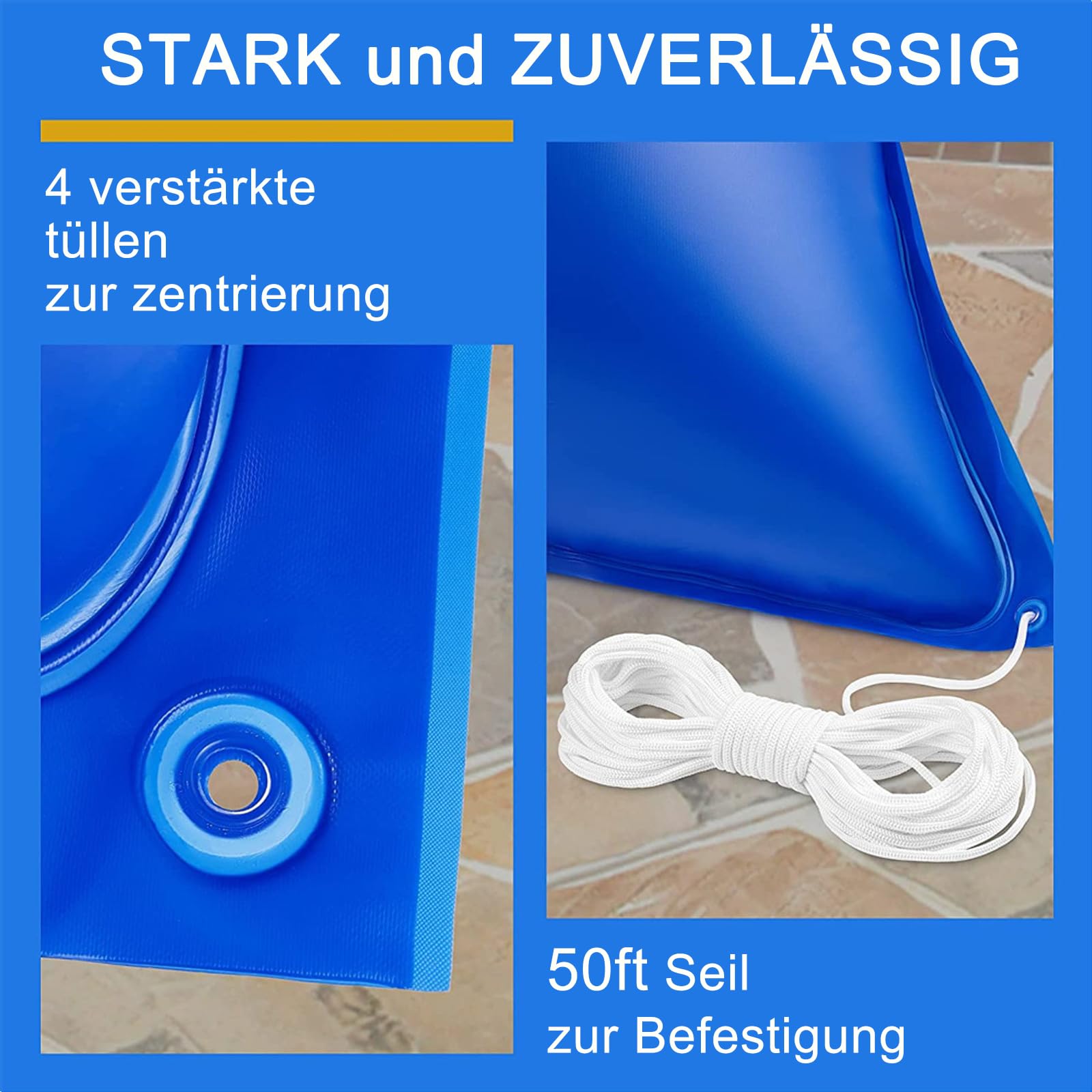 Cojín de aire para piscina de invierno de 120 x 120 cm, 2 unidades, cojín de aire para piscina con 4 ojales y cuerda resistente al cloro de 150 cm, 0,3 mm de espesor, cojín de aire para