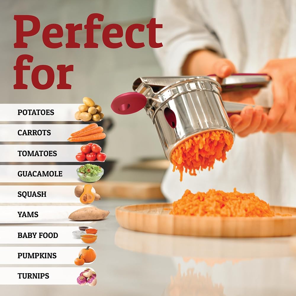 PriorityChef Large 15oz Potato Ricer With 3 Discs, Heavy Duty Stainless Steel Potato Ricer for Mashed Potatoes, Potato Masher, Press and Ricer Kitchen Tool, Red