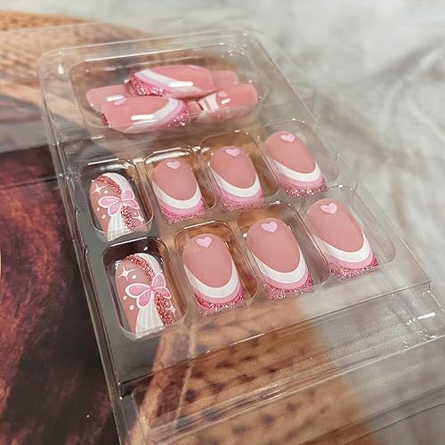 Miniatura 5 de Uñas postizas a presión de punta francesa blanca con diseño de purpurina, uñas postizas cuadradas de longitud media, uñas postizas de corazón de