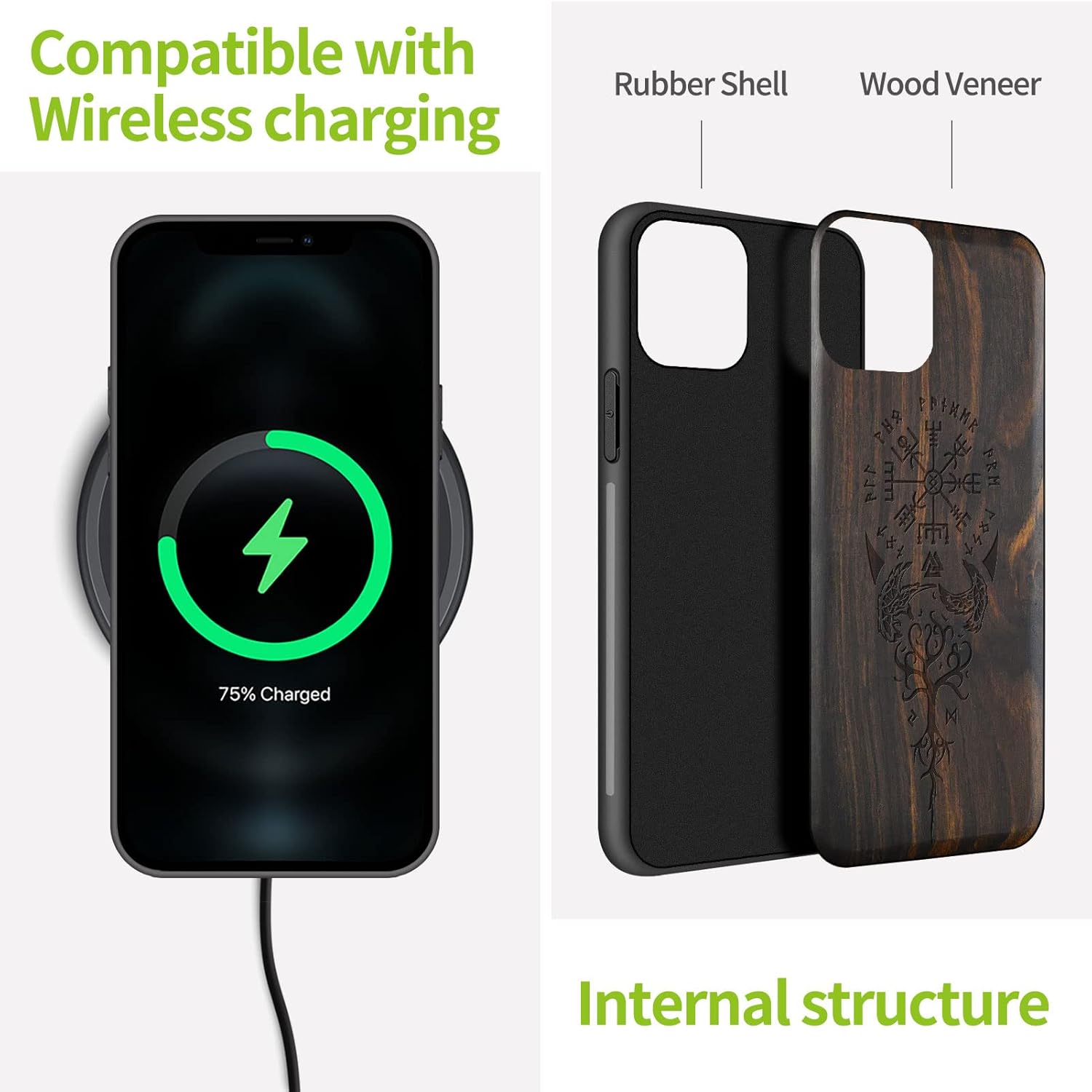 Carveit Wood Case for iPhone 11 Case [Hard Real Wood & Soft TPU] Shockproof Protective Cover Unique Wooden Phone Protector Compatible with Apple iPhone 11 (Viking Compass Vegvisir-Blackwood)