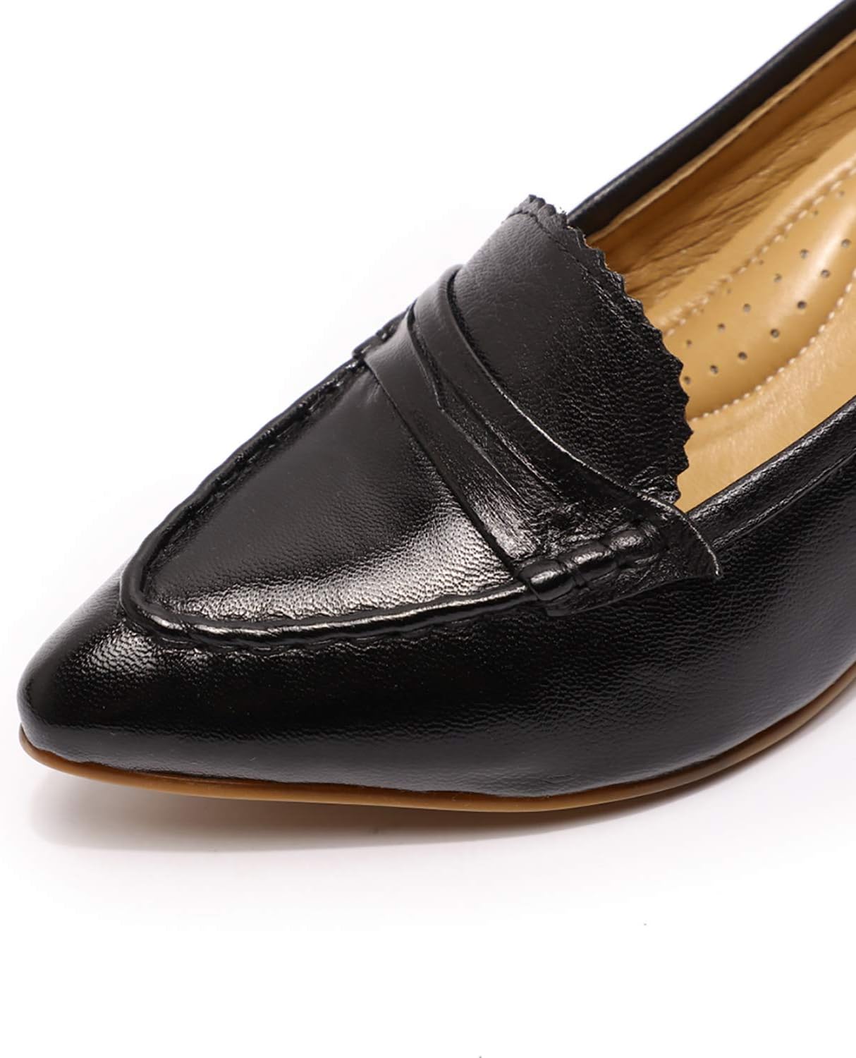 Mona flying Women's Leather Pump Med Heel Pointed Toe Office Dress Shoes for Ladies