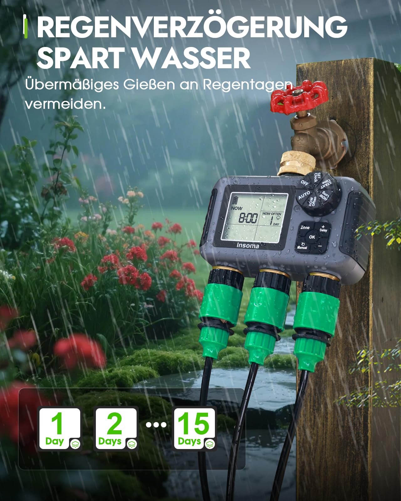Insoma Orologio di irrigazione a 3 zone, ingresso e uscita in ottone + IPX5 impermeabile, irrigazione automatica/manuale, ritardo della pioggia e grande display, timer per rubinetto da giardino, prato