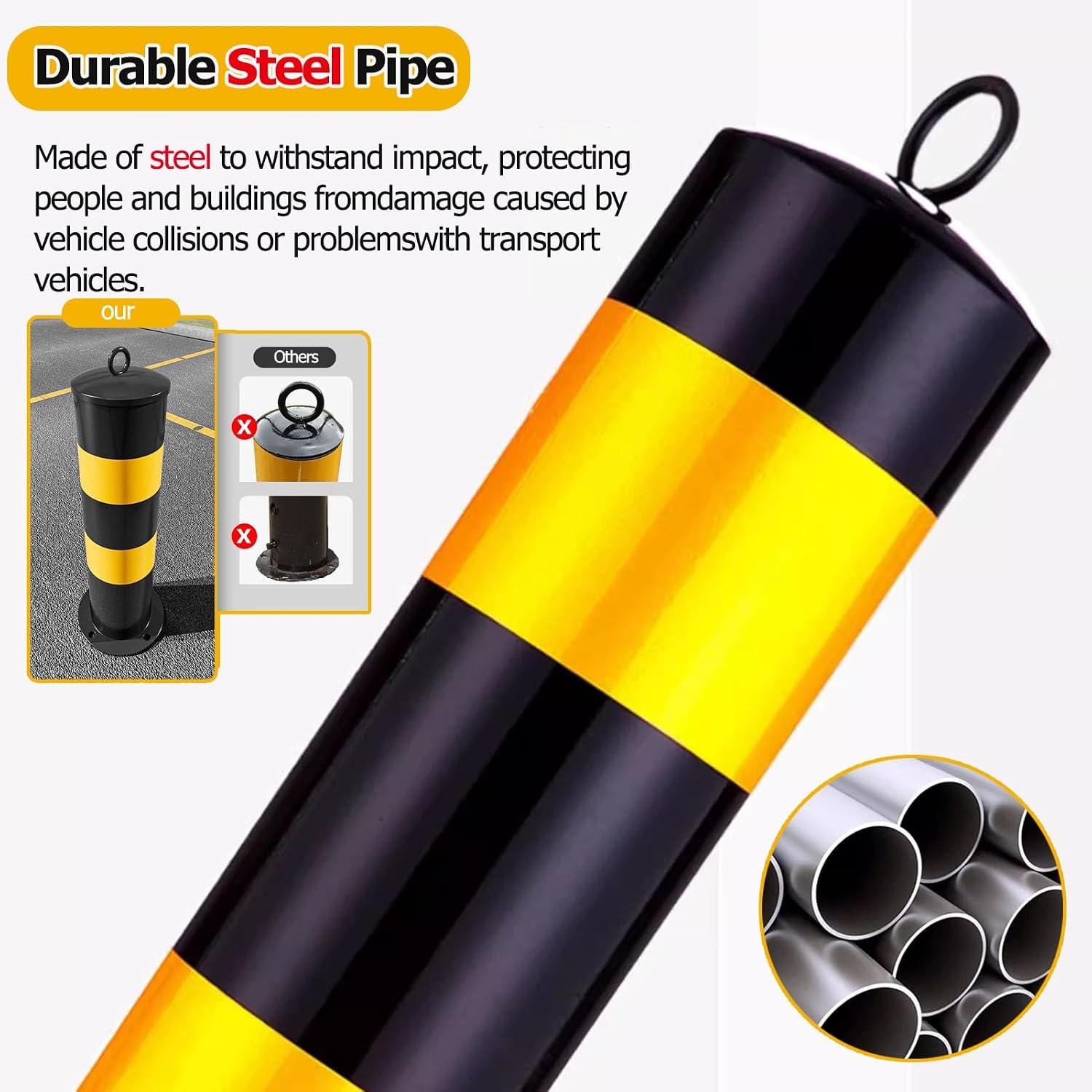 Heavy Duty Yellow Steel Pipe Bollard Post - 20/24/30/39 Inch Safety Barrier for Parking/Driveway Protection, Includes Chain, Ideal for Storefronts and Banks - 4 PCS image 5