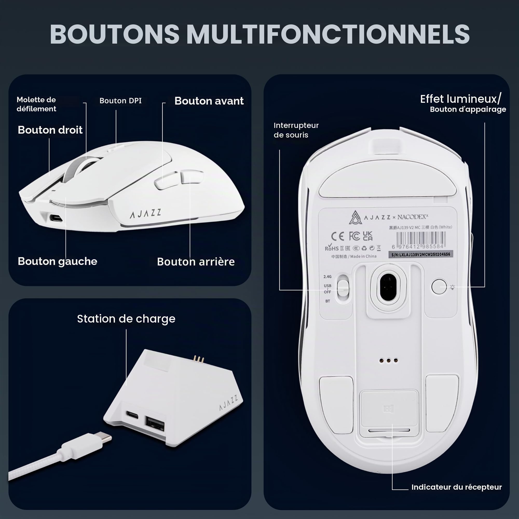 MechLands AJAZZ AJ139 V2 MC Souris de jeu avec base de charge, réglable 12 000 ppp, capteur PAW3311, souris sans fil 3 modes, batterie 500 mAh, taux d'interrogation de 1000, 66 g, légère, Win/Mac
