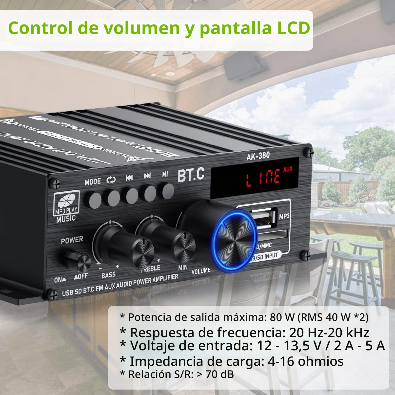 Mini Amplicador Bluetooth Audio 40W+40W con Fuente de Alimentación Mini Amplicador Receptor Digital con Control Remoto Amplicador Potencia 2CH Pantalla LCD Control Graves Agudos para Hogar Automóvil