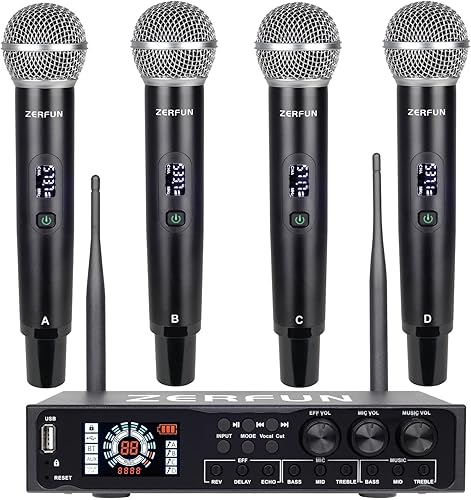 Pro - Sistema de micrófono inalámbrico de 4 canales recargable y preefector, micrófonos inalámbricos de mano de metal UHF con pantalla LCD, corte