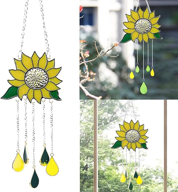 Sunflower Wind Chime Sun Flower Hanging Sign Dripping Pendant Stained Suncatcher Garden Ornament Decor For Outdoor Indoor Home Bedroom Living Room Window Corridor Yard Decoration
