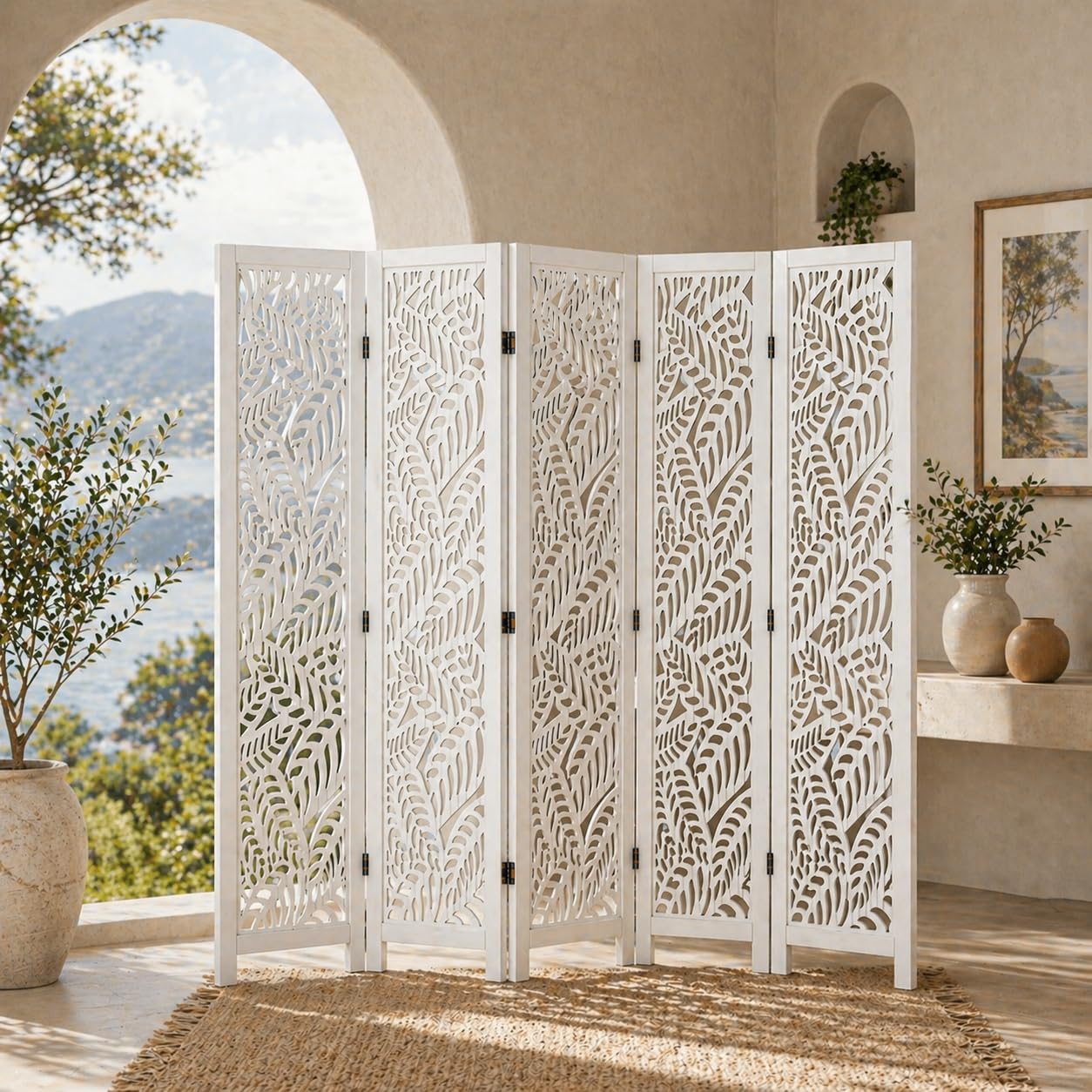 Wooden Room Divider Beautifull White Leaf Design 6 Feet 5 Panel Folding Privacy Screen, Partition for Bedroom, Home, Office, Studio & Restaurant (241W x 1.82H m) (White)-picture-13