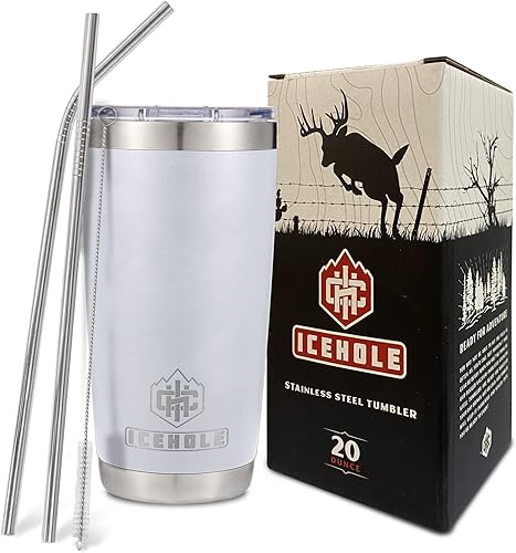 ICEHOLE Vaso de 20 onzas con tapa y popote a prueba de fugas Taza de café aislada al vacío de acero inoxidable Taza de viaje a prueba de sudor con