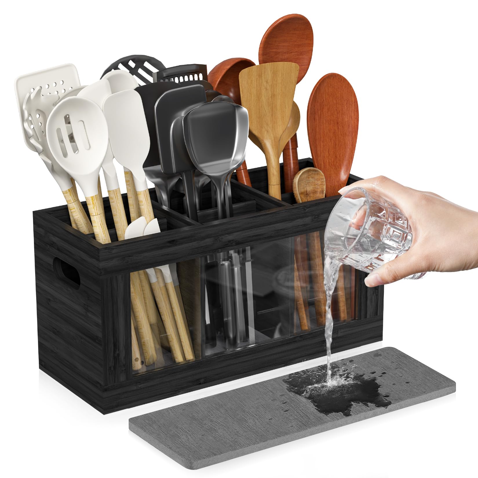 Yofidra Bamboo Kitchen Utensil Holder with Drying Stone and 6 Compartments