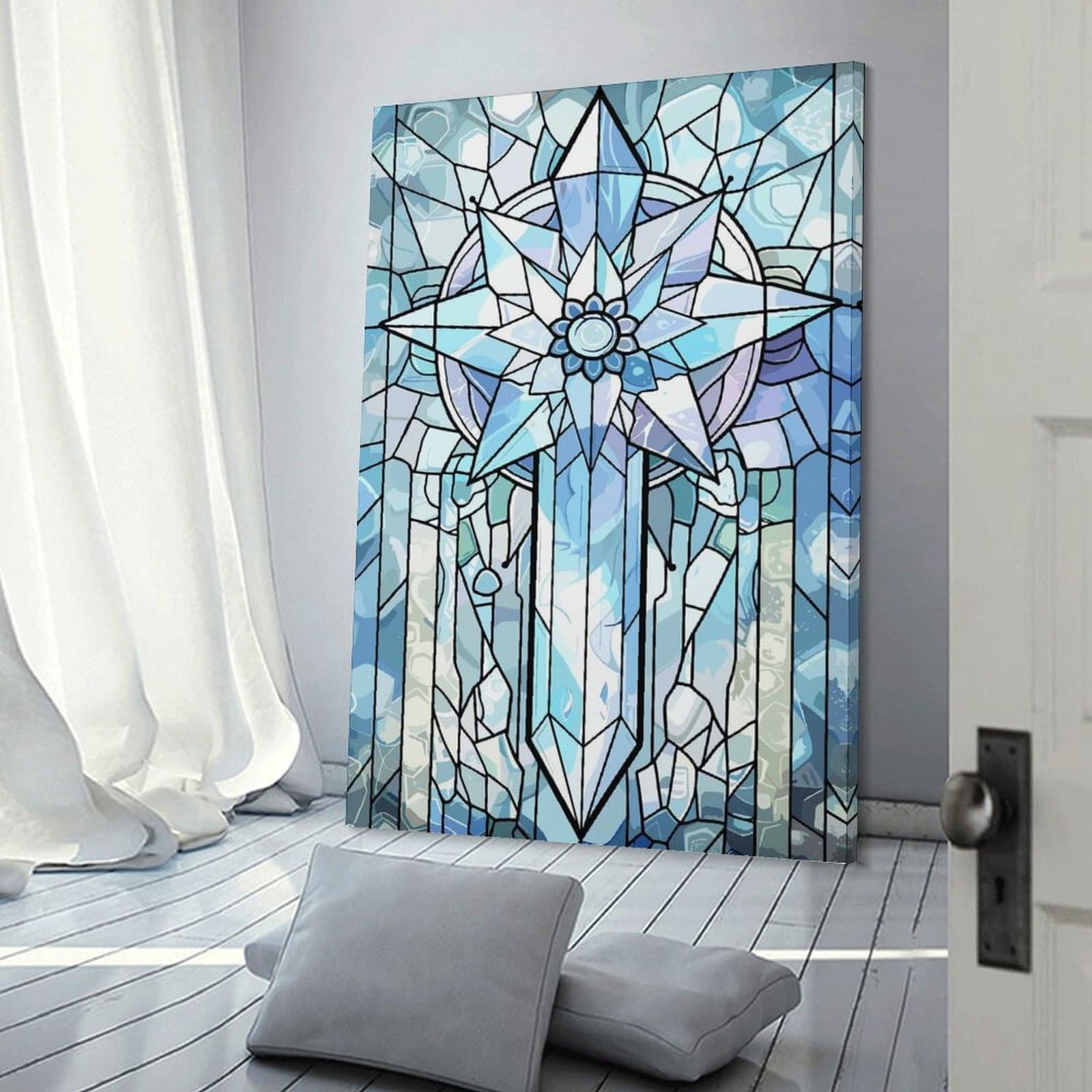 Junmoney Decorative Wall Artwork Stained Glass Ice Sword And Star, 24x36inch(60x90cm), for Lounge, Bedroom Or Personal Spaces, Gift Idea for Housewarming And Birthdays