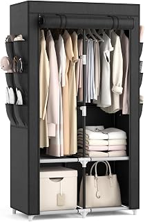 VTRIN Portable Closet Wardrobe with 2 Hanging Rods, 4 Shelves & 6 Pockets - Black Free-Standing Organizer for Bedroom Clothes Storage
