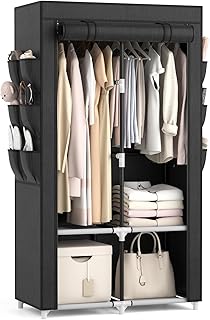 VTRIN Portable Closet Wardrobe Closet for Hanging Clothes with 4 Storage Shelves, 2 Hanging Rods and 6 Pockets, Stable and Easy Assembly Clothes Rack with Cover Free Standing Closet for Bedroom, Black