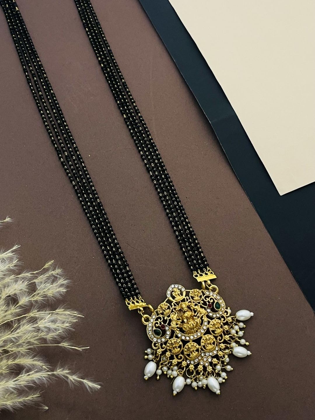 Traditional 1 Gram Gold Plated Long Mangalsutra for Women | South Indian Lakshmi Pendant Black Beads Chain | Stylish Fancy Black Beads Nallapusalu Design Jewelry-image-16