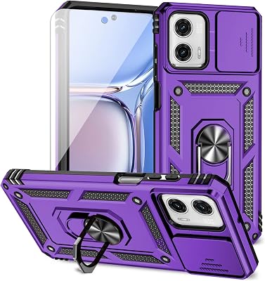 for Motorola Moto G Power 5G Case with Slide Camera Cover HD Screen Protector [Military Grade Drop Tested] Magnetic Ring Holder Kickstand Protective Phone Case for Motorola Moto G Power 5G 2023,Purple