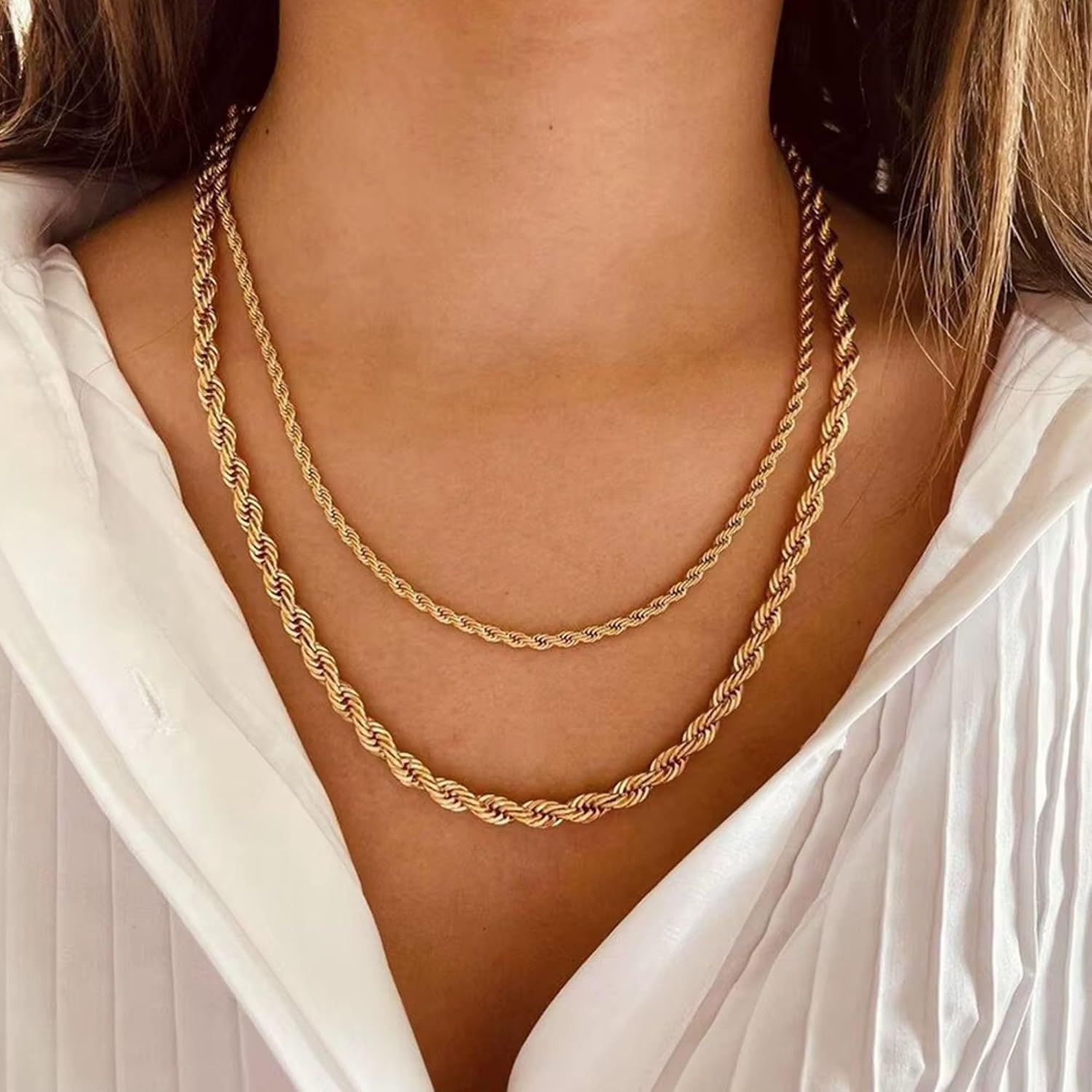 QueenBee 18K Gold Plated Rope Chain Necklace for Women, 3mm-5mm Bold Twist Link, 16-20 Inch – Water Resistant Stainless Steel Jewelry Gift
