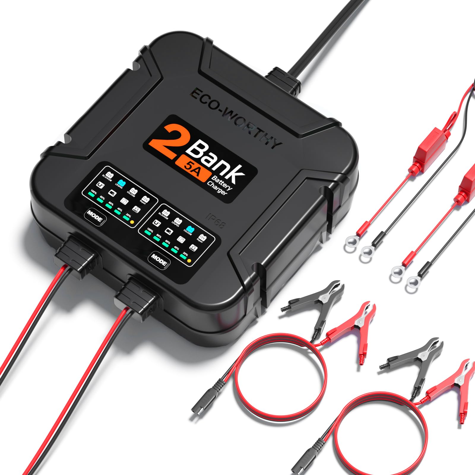 ECO-Worthy 2-Bank Marine Battery Charger 10A (5A/Bank), IP68 Waterproof 12V Charger & Maintainer for Boat RV Car, Lead-Acid LiFePO4 & Calcium Battery Desulfator