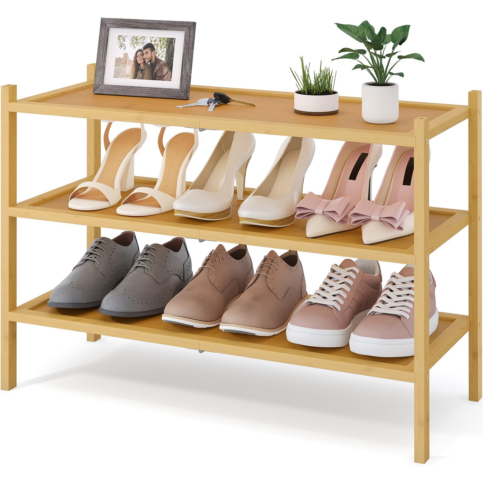 smiry Bamboo Shoe Rack, 3 Tier Shoe Organizer for Entryway & Living Room, Stackable Free Standing Storage Shelf for Shoes, Bags & Plants, Natural