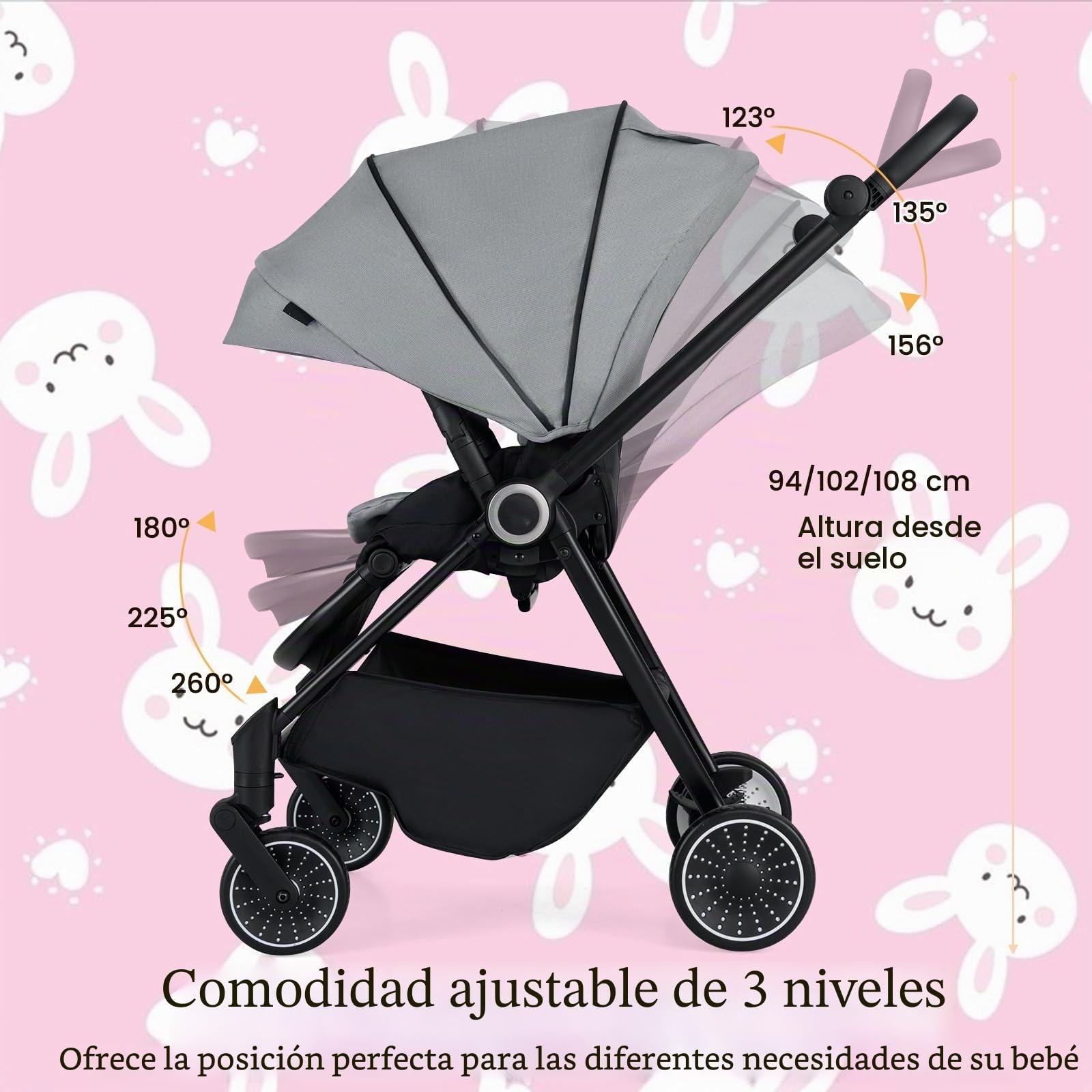 LIFEZEAL Cochecito ligero para bebé de 0 a 36 meses, Silla de Paseo plegable con capacidad de 30 kg, compacto tipo paraguas para viajes en avión, respaldo ajustable (Gris)
