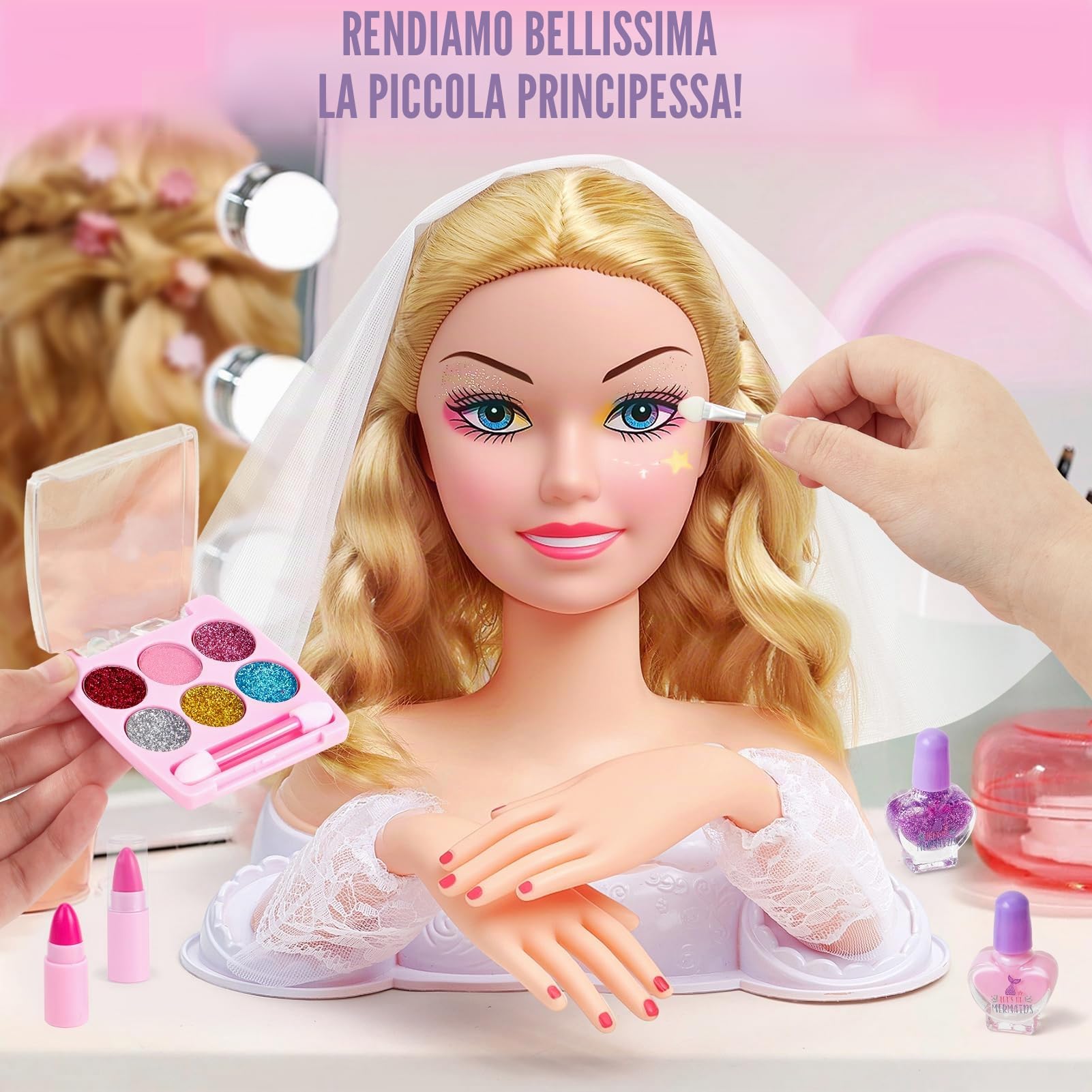 vamei Testa Bambola da Truccare e Pettinare, Set Gioco Parrucchiera Bambina con Asciugacapelli, Smalto per Unghie, Testa da Pettinare Bambina Bambola da Truccare Giocattolo per Ragazze 3 4 5 6 Anni