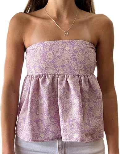 Women Y2K Strapless Peplum Tube Top Sleeveless Bubble Ruffle Hem Bandeau Y2k Gir