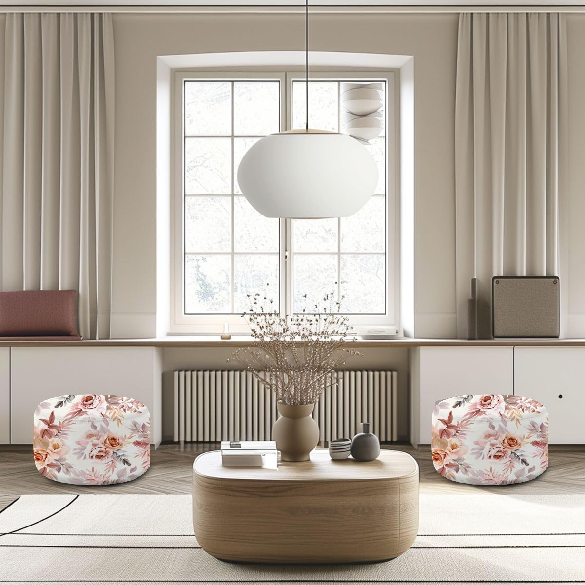 Round Pouf Ottoman Trendy dried palm leaves blush pink rust rose pale protea white Foot Stool Foot Rest Floor Stool Bean Bag Chair Cotton Linen Removable Indoor Outdoor for Living Room Bedroom