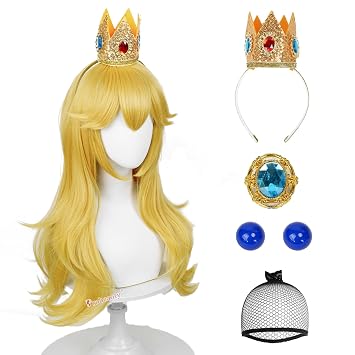 Probeauty Golden Princess Wig Blonde Yellow Long Wavy Hair Wigs for Women Halloween Costume Cosplay Party with Crown Earrings Brooches Wig Cap 27 Inch