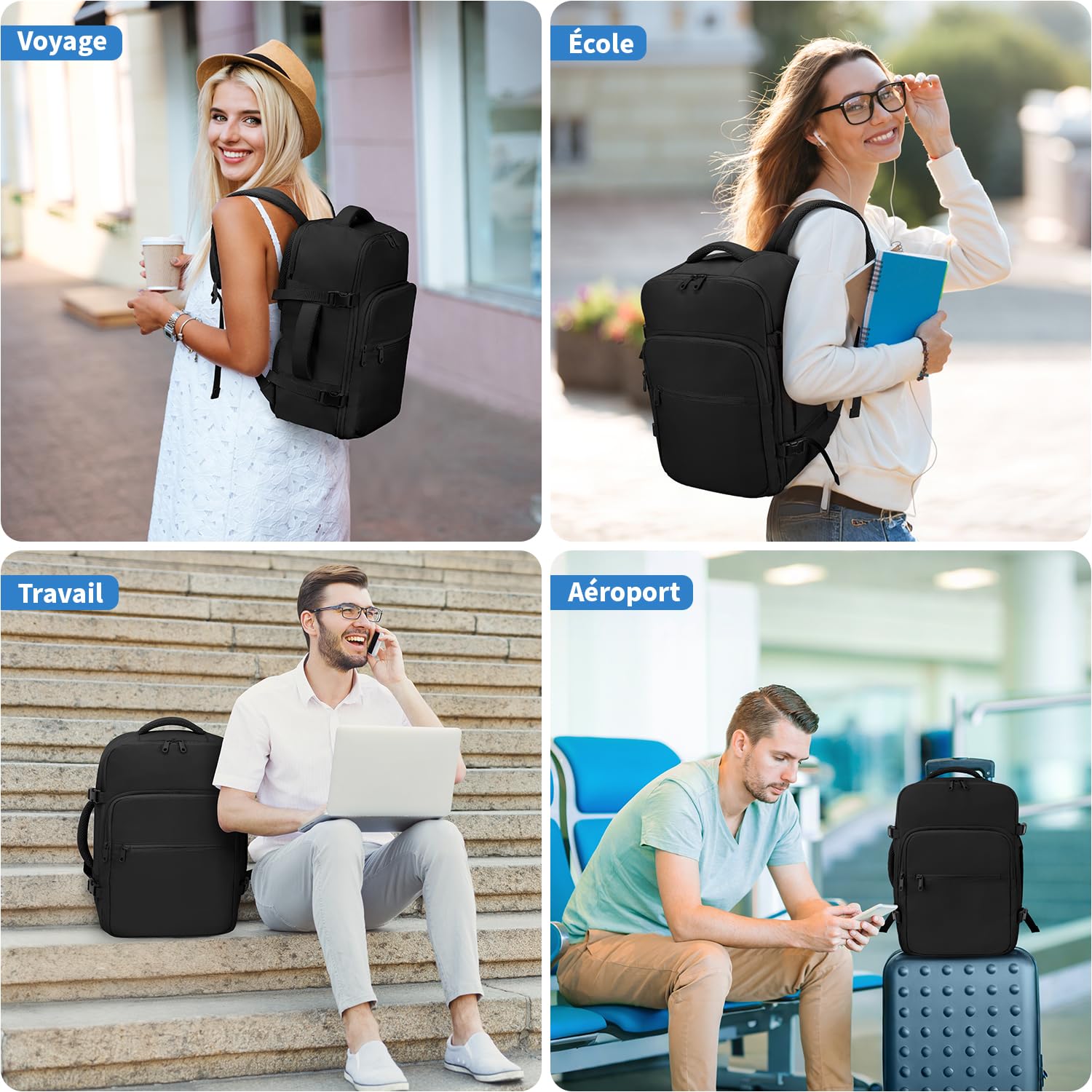 VSNOON Bagage cabine 40x30x20, 24L Sac a Dos Voyage Cabine Avion, Sac à Dos Ordinateur 15 Pouces pour Ryanair, Wizz Air, Transavia, étanche Sac Cabine Pour Homme, Noir