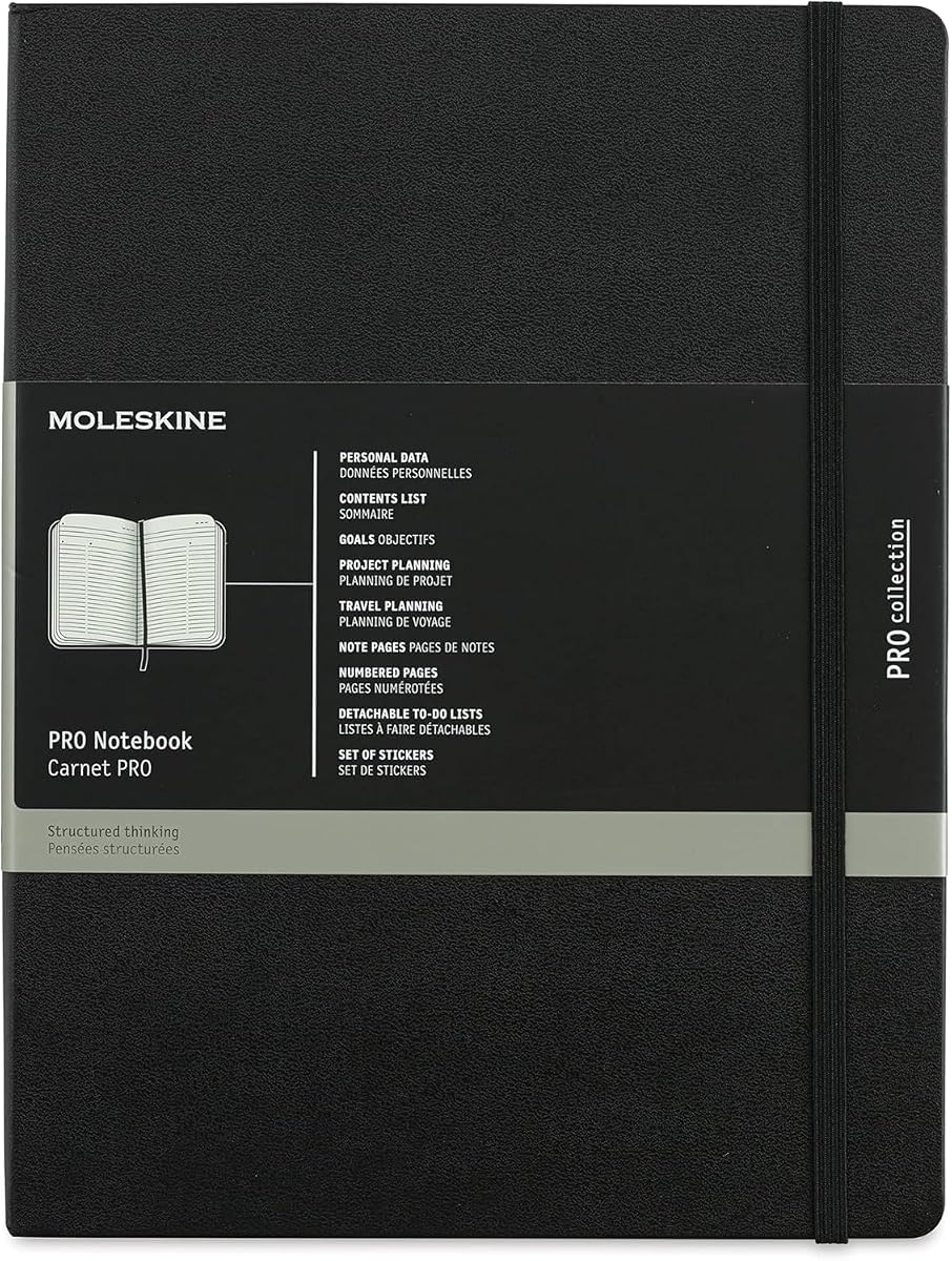 Professional Notebook, XL, Black, Hard Cover (7.5 x 9.75) | XL 7.5" x 9.75" 192-page project planning notebook with numbered pages, detachable to-do lists, and double inner pocket.