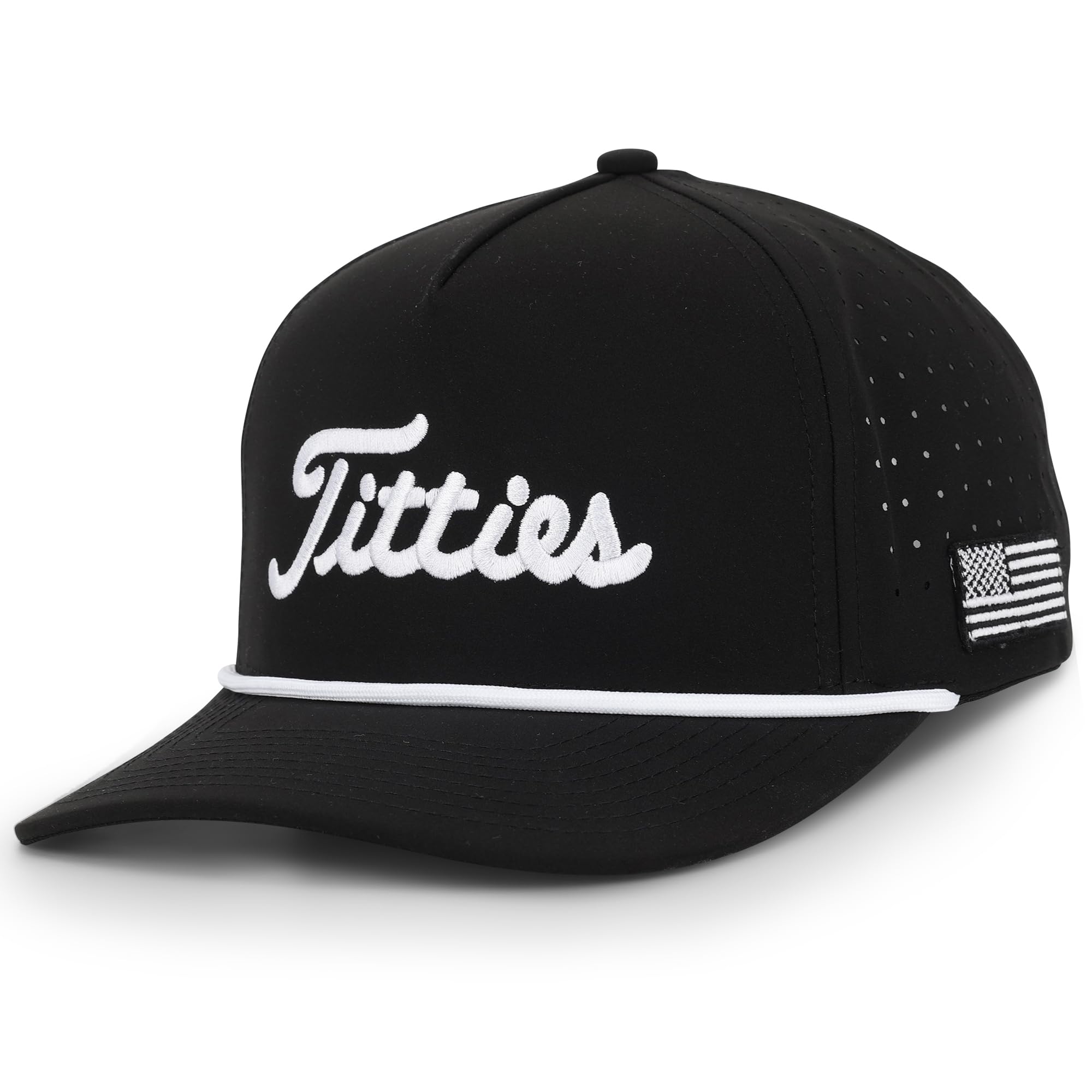 Curves &amp; Clubs Titties Golf Hat, Funny Rope Snapback for Men with USA Flag, Breathable Performance Golf Cap
