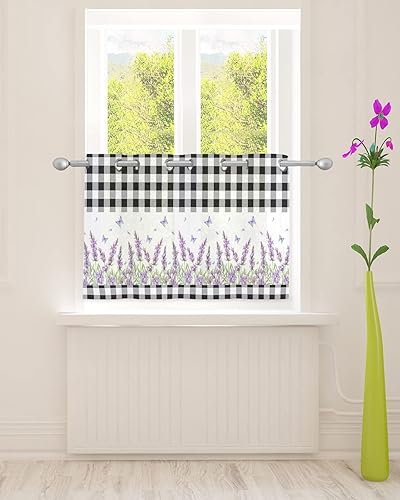 Lavender Sheer Curtains 24 Inch Length Light Filtering Curtain Panel for Windows, Rustic Style Black-White Plaid Butterfly Grommet Semi Sheer