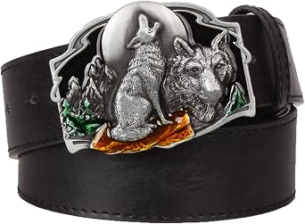 Belt Men,Leather Cowboy Western Casual Belt Wolf Pattern Alloy Buckle European American Hip-Hop