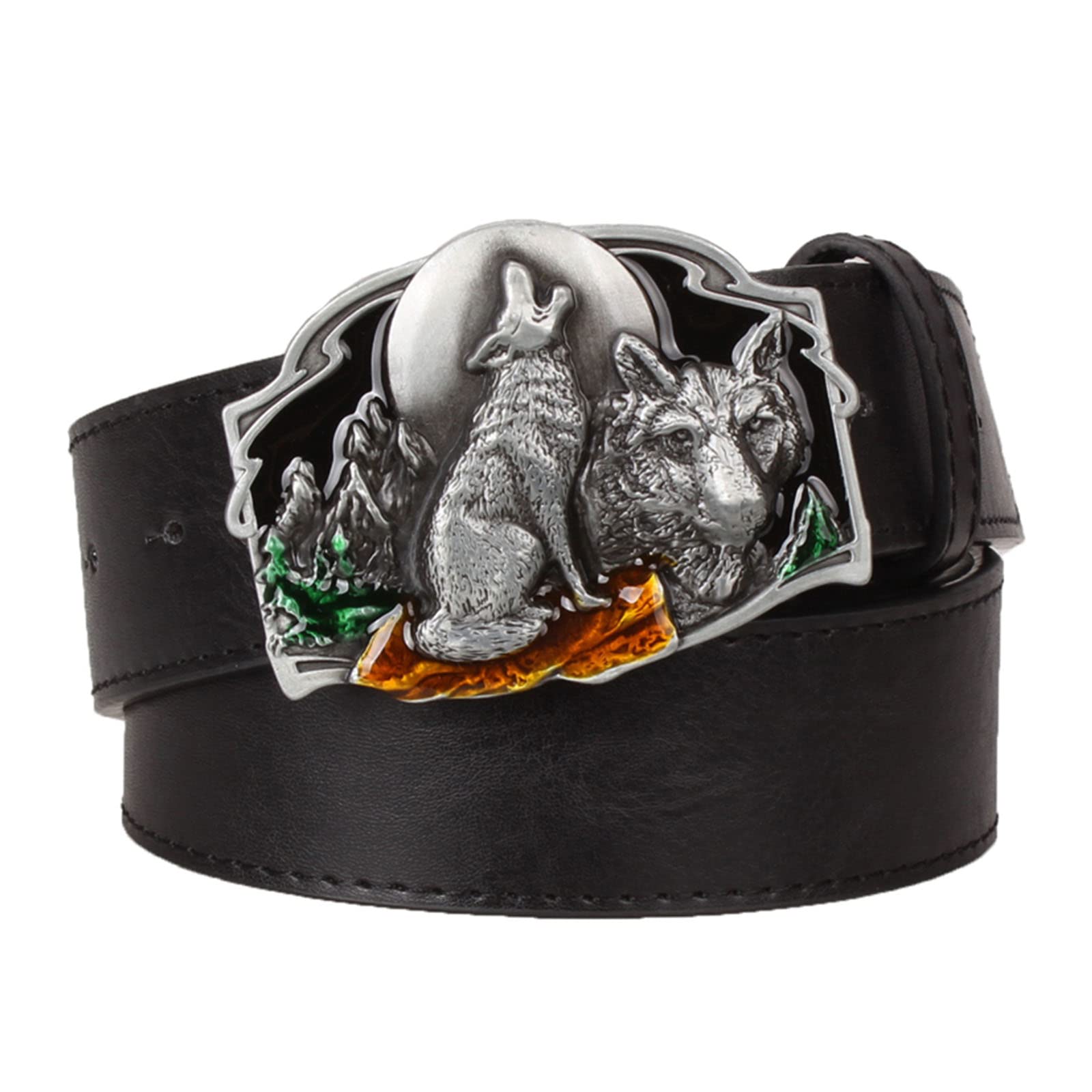 RGWYGCG Belt Men,Leather Cowboy Western Casual Belt Wolf Pattern Alloy Buckle European American Hip-Hop,Black c,115CM/45.3''