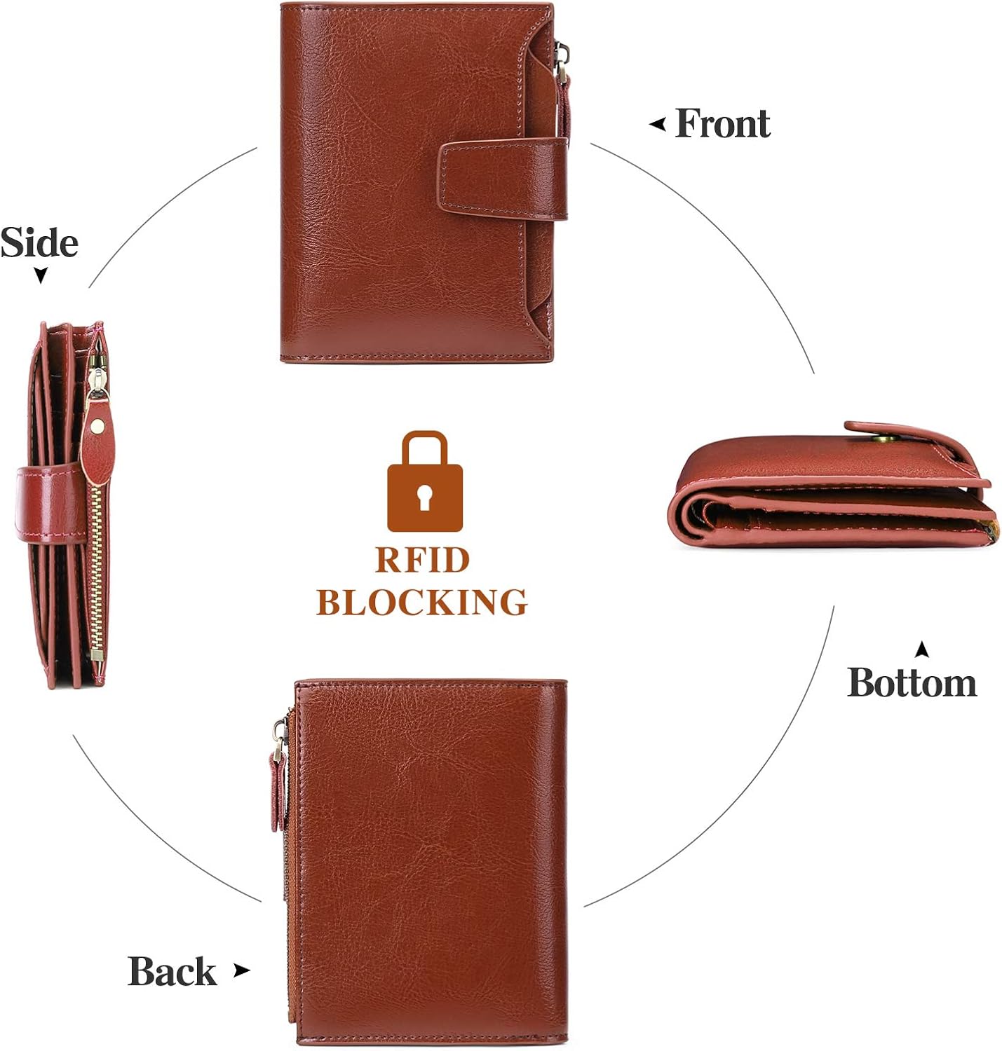 Vista 4 de FALAN MULE - Cartera de cuero auténtico para mujer pequeña plegable compacta con interferencia de radiofrecuencia RFID