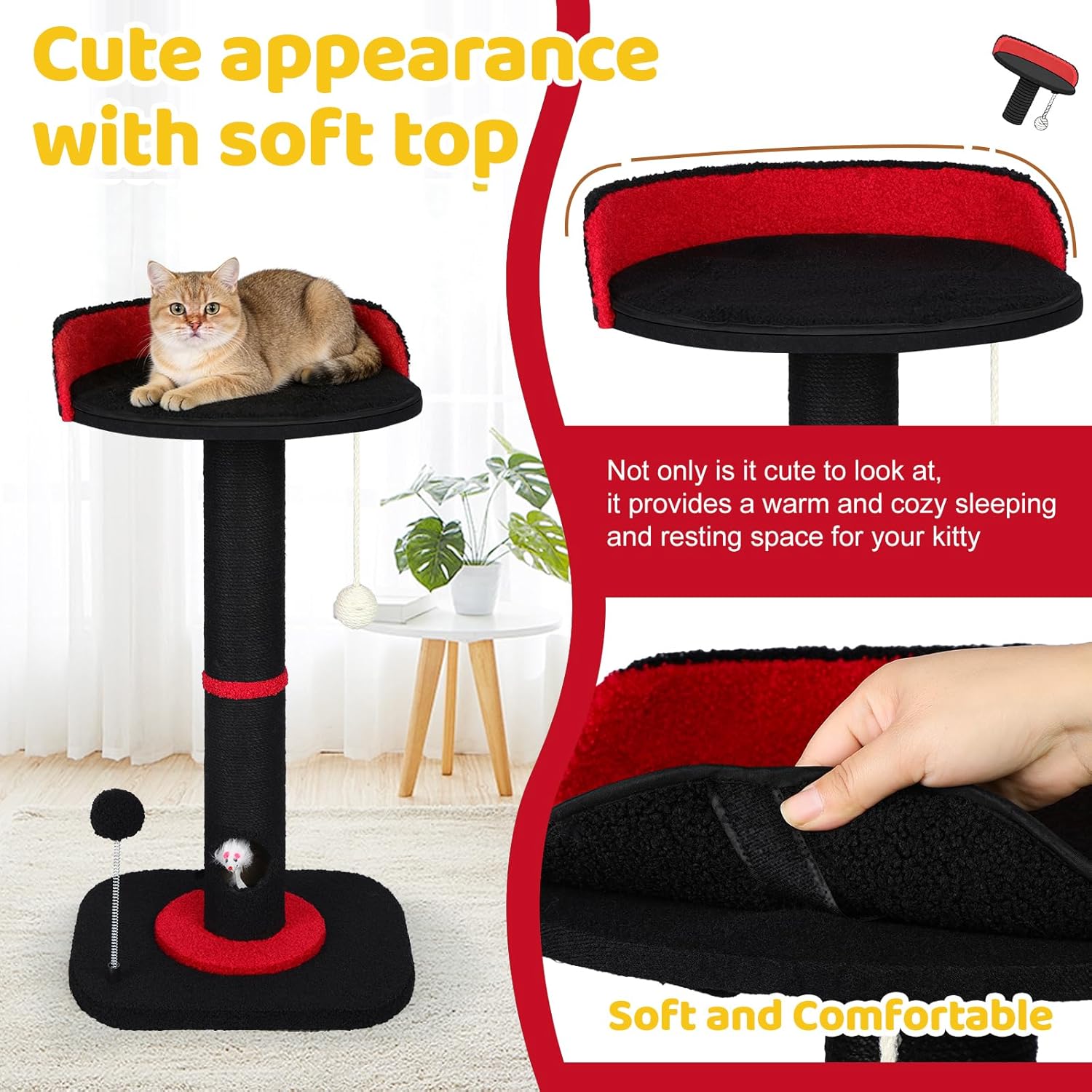 Tall Cat Scratching Post for Indoor Cats Adults, Cat Scratch Post with Sisal Rope Claw Scratcher, Solid Wood Cat Tower with Scratching Post and Cat Toys Mouse Hole, Goth Small Cat Tree (Gothic)