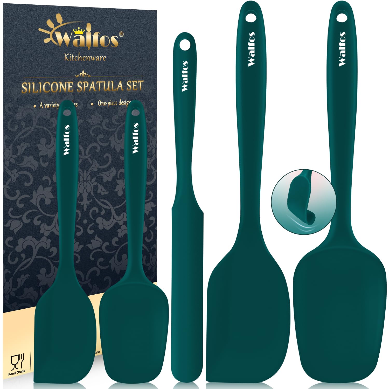 Walfos Silikon-Spachtel-Set, 5 Stück, (315 °C), hitzebeständig, dunkelgrün, Küchenschaber, einteilig, nahtloses Design, perfekt zum Kochen, Mischen und Backen, BPA-frei und spülmaschinenfest