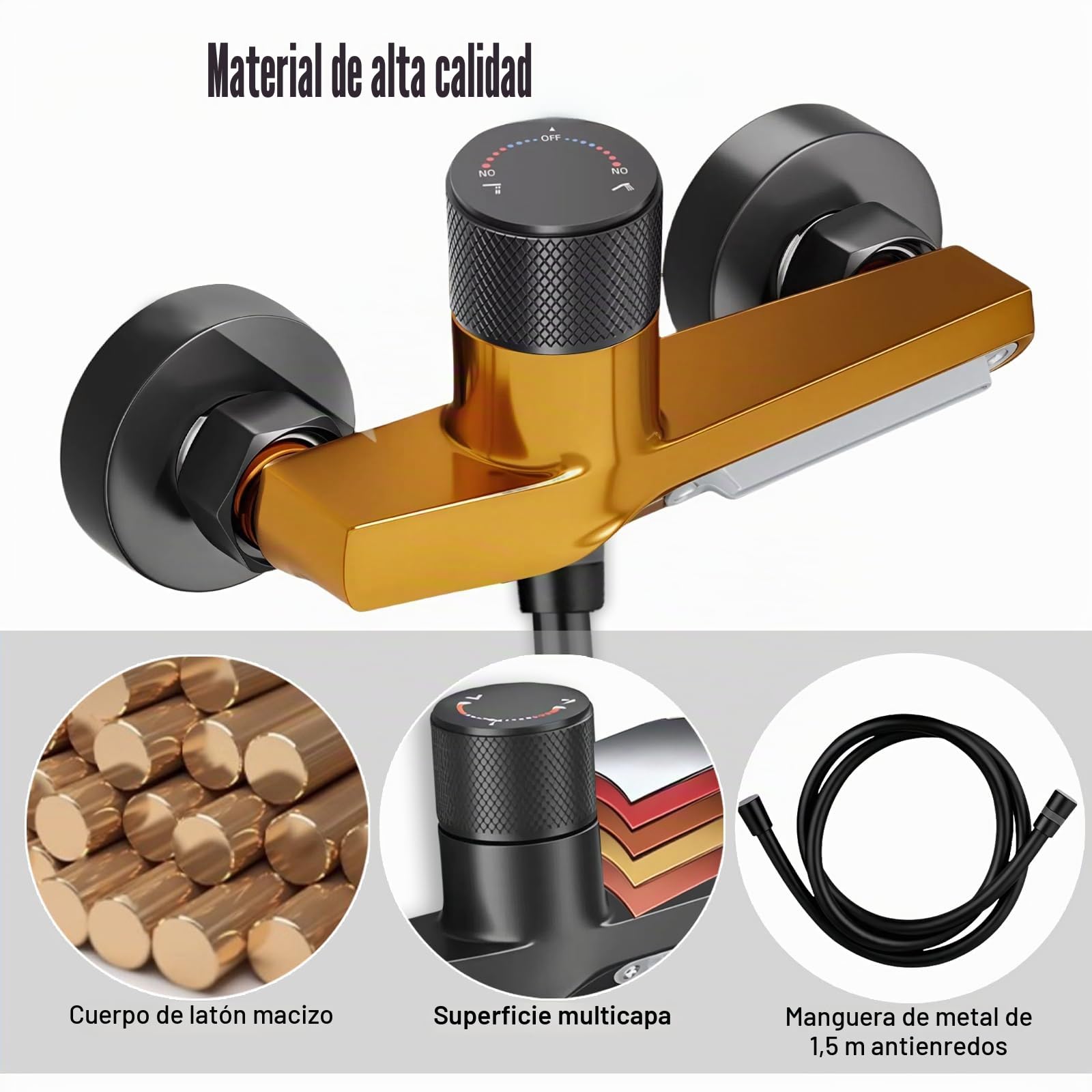 Grifo Bañera Negro en Cascada, Grifo Mural de Latón para Ducha y Baño, con Ducha de Mano de 3 Modos, Mezclador Monomando para Bañera Universal 1/2" Salida Inferior, con Soporte y Manguera de 1,5 m