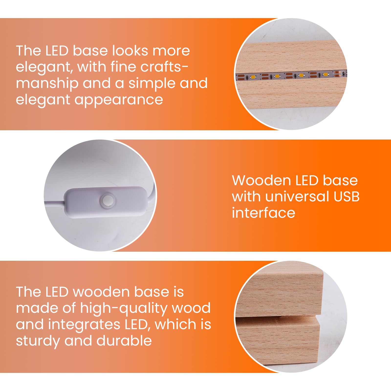 4 luci a LED per display base: colorato, rettangolare, supporto per illuminazione in legno, USB Desktop LED, base per 5 mm di spessore, piastra in acrilico, piastra in vetro, resina (30 x 45 x