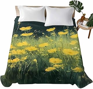 Spring Floral California King Sheets - Hotel Quality Cal King Flat Sheet Only 1 Pack, Modern Oil Painting Yellow Green Botanical Soft Bed Sheet Microfiber Bedding Top Sheets for Home