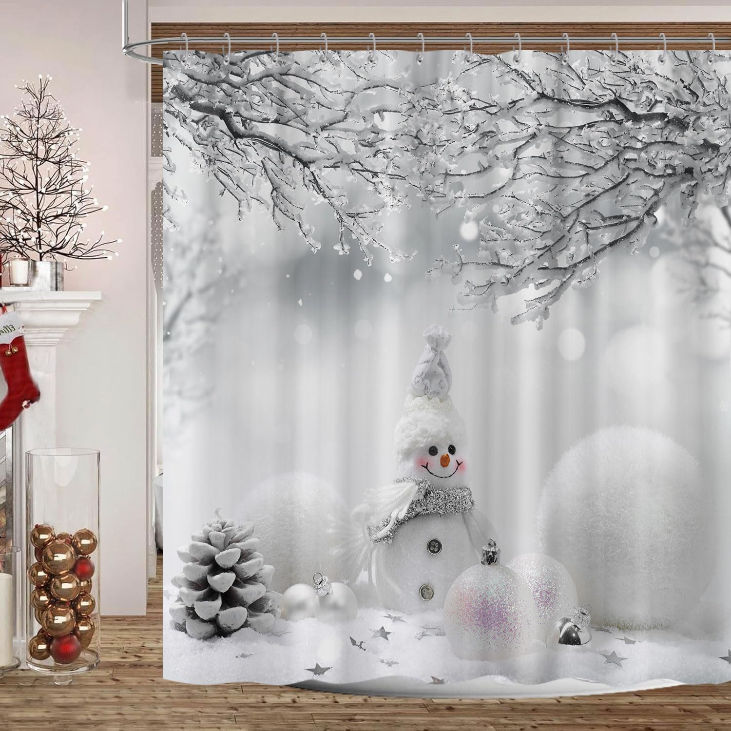 GOAOK Christmas Snowman Shower Curtain, Cute Snowman Balls Snowflake in Grey Winter Snow Forest Decorative Shower Curtain Set, Xmas Holiday Gray Shower Curtain 12 Hooks Included Polyester 72"X84"Inch