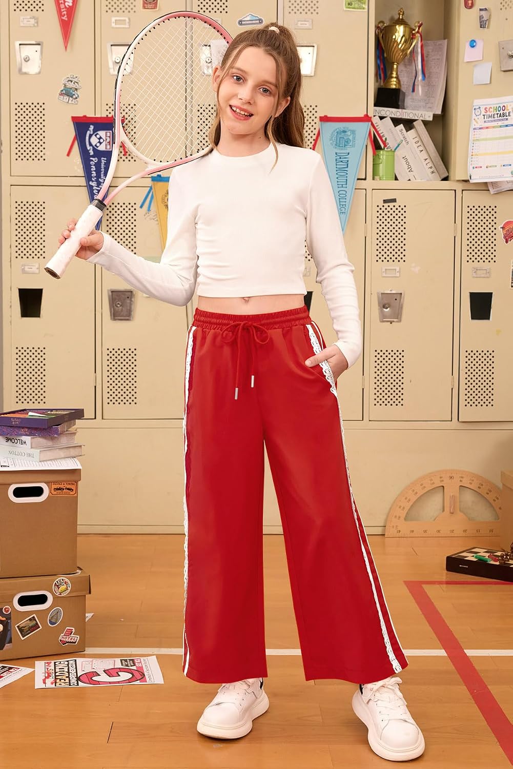 Girls Baggy Lace Trim Track Pants Hip Hop Dance Wide Leg Sweatpants | Size 6-14Y Striped Design, Drawstring Waist, Side Pockets, Soft Breathable Fabric, Y2K Streetwear Outfits for School & Skate