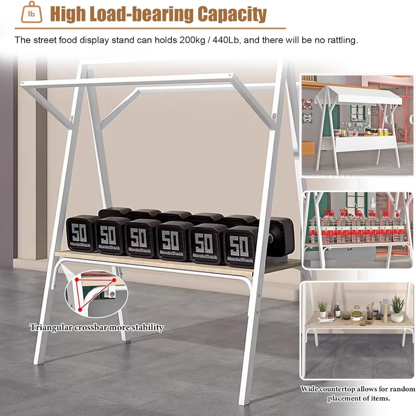 Carrello per alimenti da strada pieghevole, carrello per venditori di alimenti portatile, carretti per venditori all'aperto con tenda da sole e tovaglia, espositore per bancarella del mercato