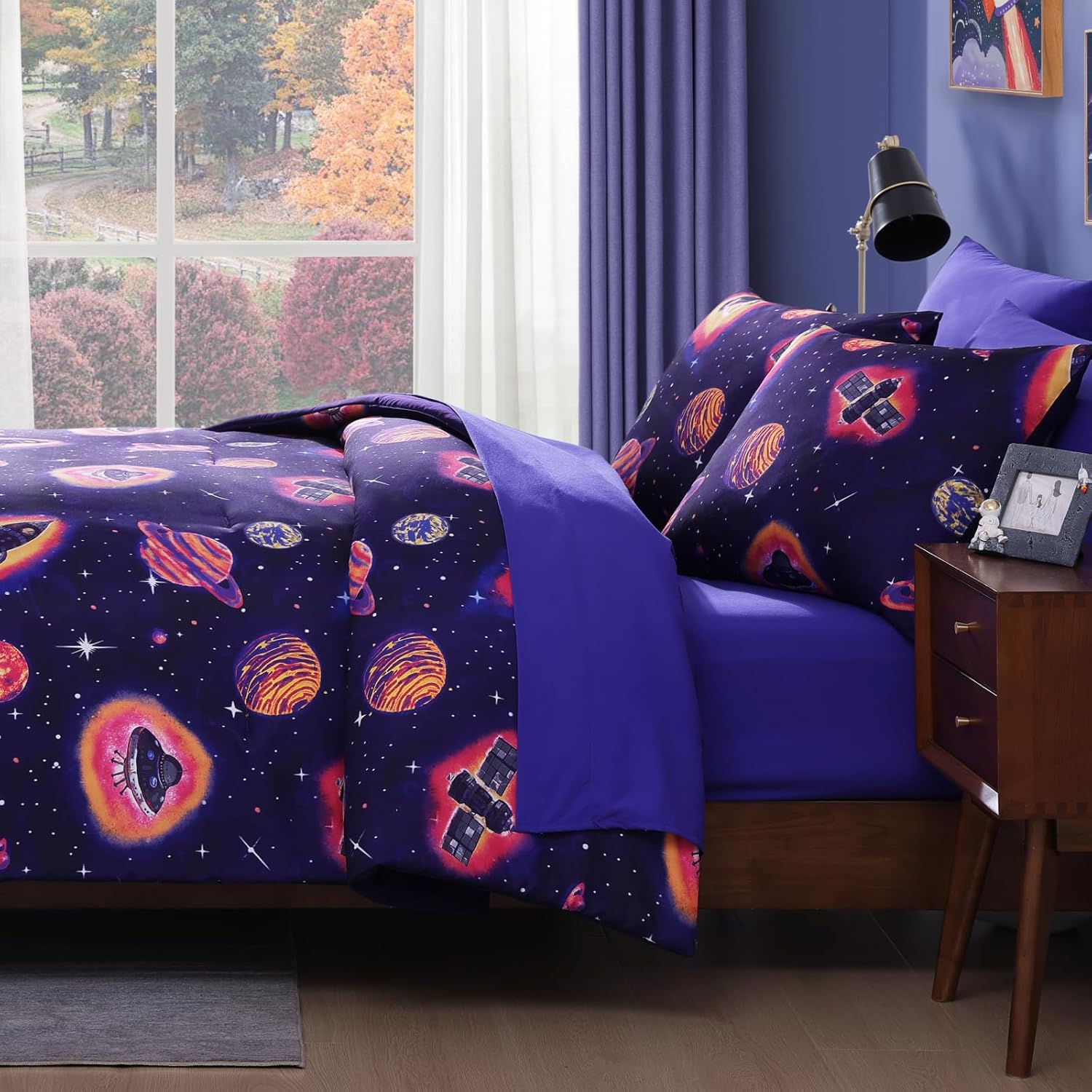 Twin Kids Comforter Set - 5 Pieces Twin Bedding Sets for Boys Teen, Outer Space Rocket Bed in A Bag with Sheets - Image 4