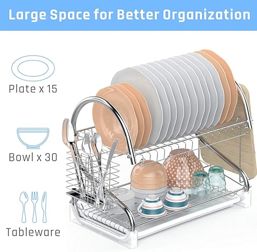 Miniatura 2 de Escurridor de platos, escurridor de platos de 2 niveles con soporte para utensilios, soporte para tabla de cortar y escurridor de platos para